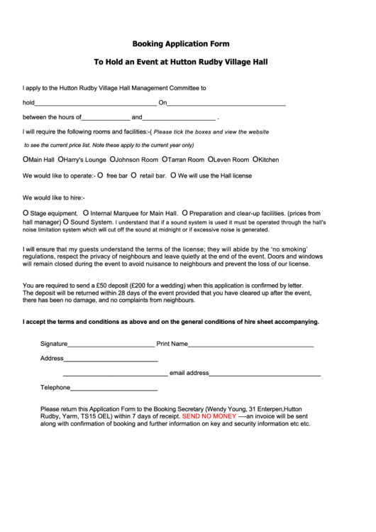 Booking Application Form - Hutton Rudby Village Hall Printable pdf