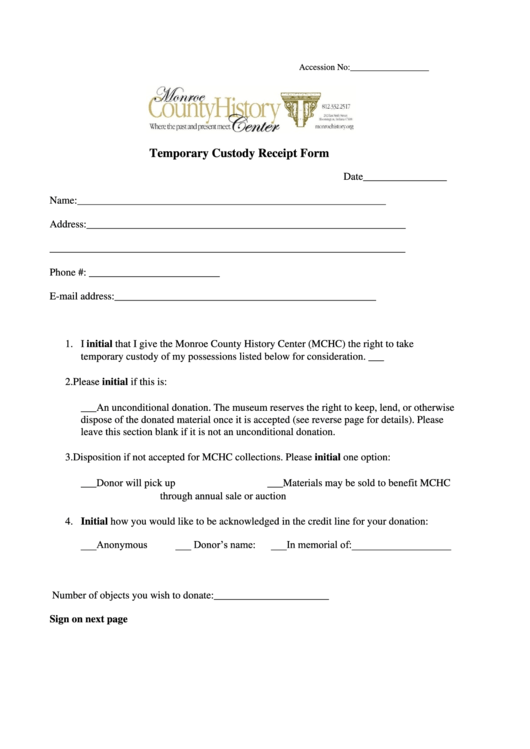 Temporary Custody Receipt Form - Monroe County History Center Printable pdf