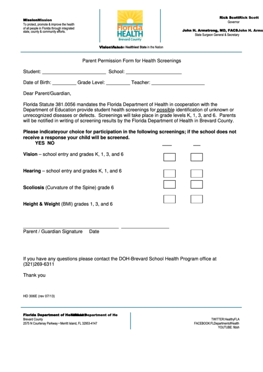 Parent Permission Form For Health Screenings Printable pdf