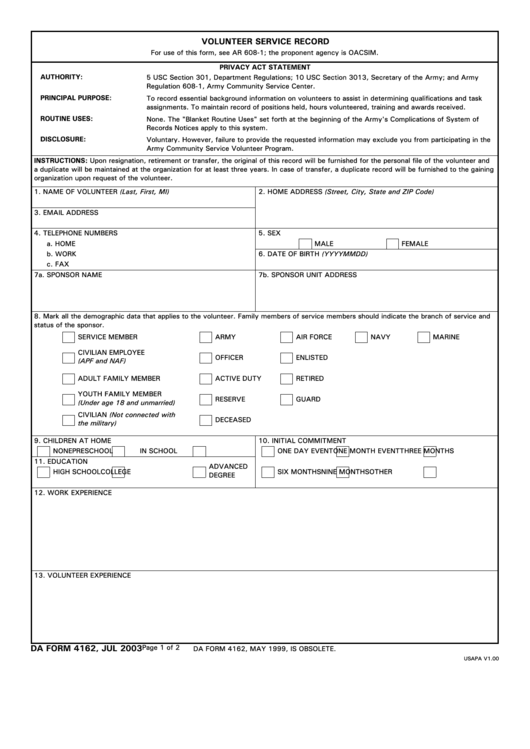 Da Form 4162 (Volunteer Service Record) - Carlisle Barracks - Army Printable pdf