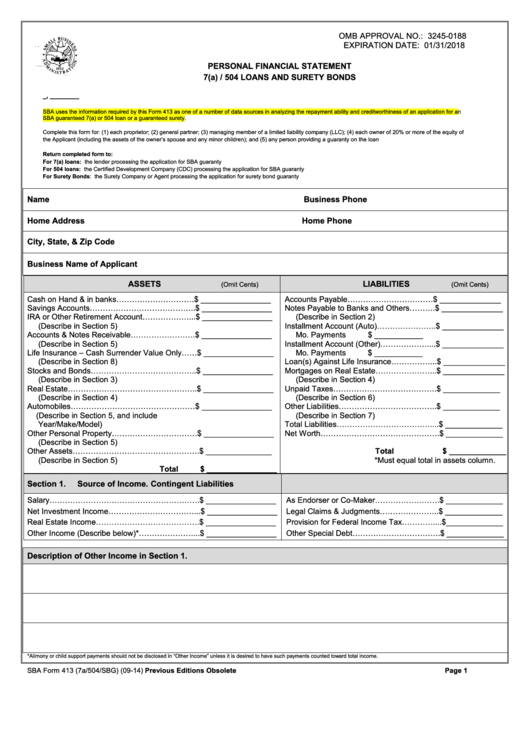 Fillable Sba Form 413 - Personal Financial Statement 7(A)/504 Loans And Surety Bonds Printable pdf