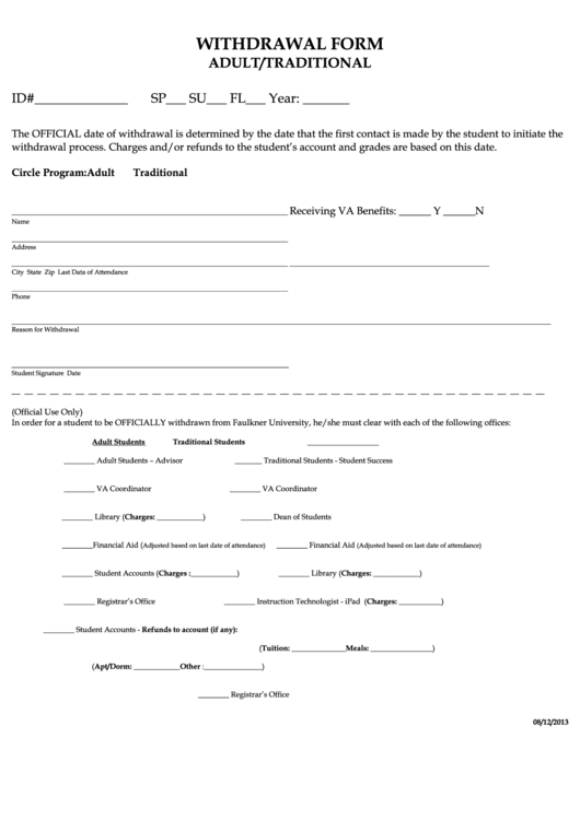 Withdrawal Form - Adult / Traditional Printable pdf