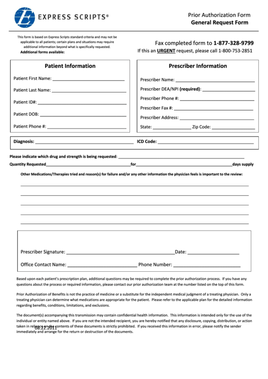 Express Scripts Prior Authorization Form - General Request Form Printable pdf