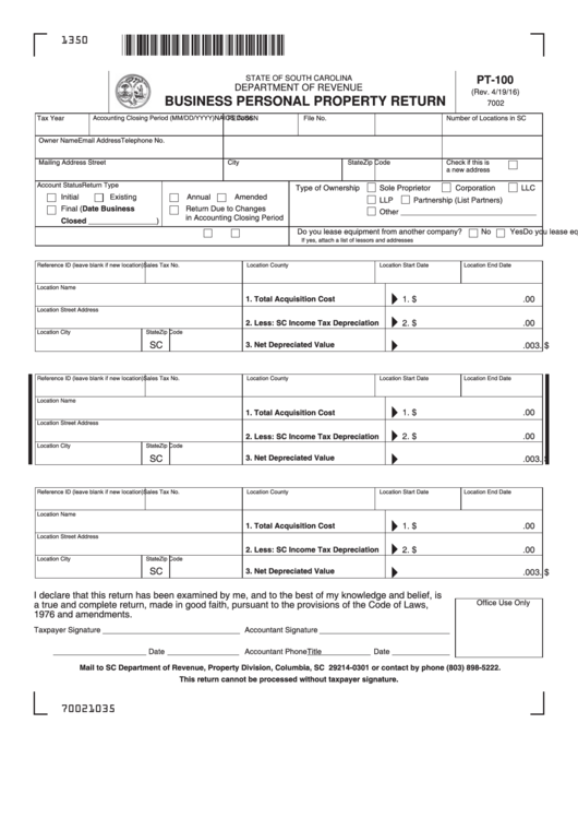 Pt-100 - Business Personal Property Return Printable pdf
