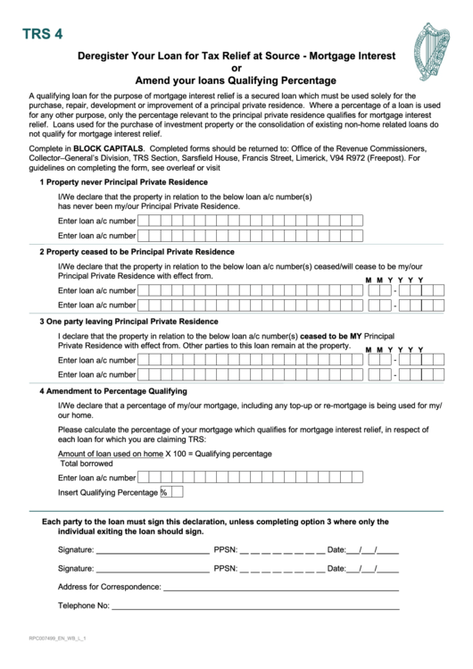 Fillable Deregister Your Loan For Tax Relief At Source - Revenue Printable pdf