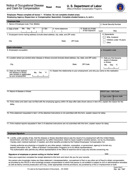 Fillable Form Ca-2 - Notice Of Occupational Disease And Claim For Compensation - United States Department Of Labor, Office Of Workers Compensation Programs Printable pdf