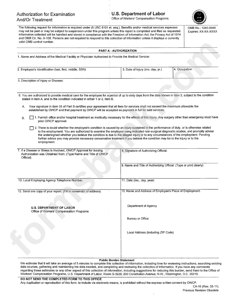 Form Ca-16 - Authorization For Injury Examination And/or Treatment