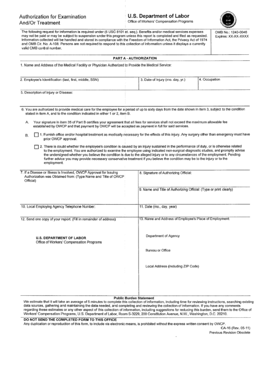 Form Ca-16 - Authorization For Injury Examination And/or Treatment Printable pdf