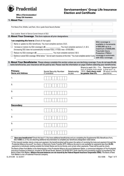 Form Sglv 8286 - Prudential Insurance Servicemembers' Group Life Insurance Election And Certificate