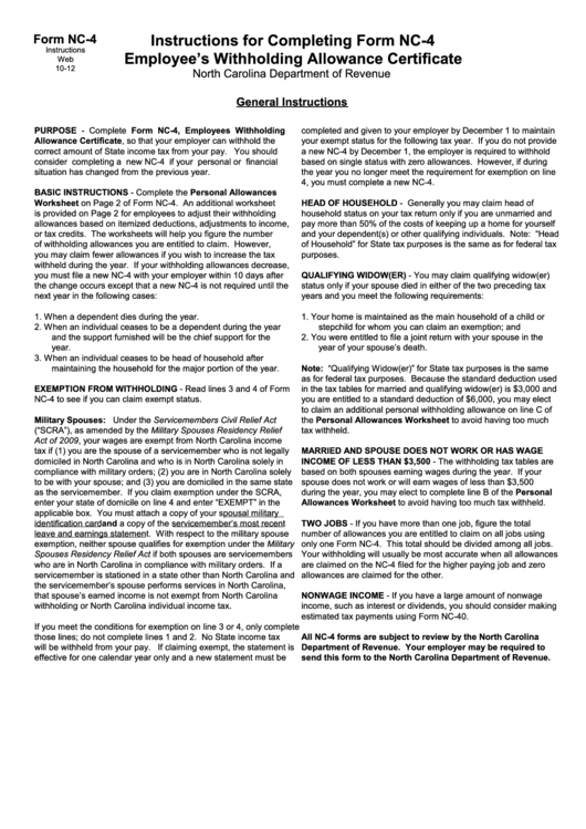 Form Nc-4 - Instructions For Completing Form Nc-4 Employee's Withholding Allowance Certificate