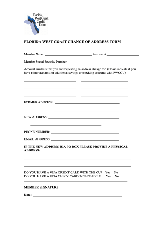 Change Of Address Form - Florida West Coast Credit Union Printable pdf