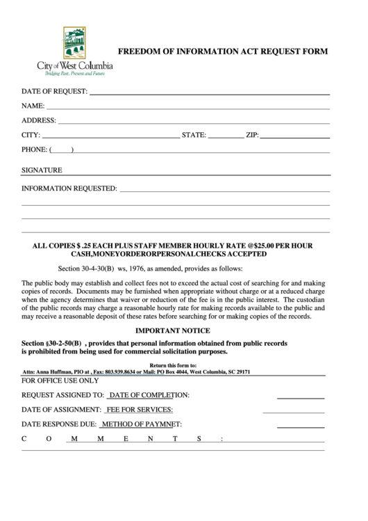 Freedom Of Information Act Request Form - City Of West Columbia Printable pdf
