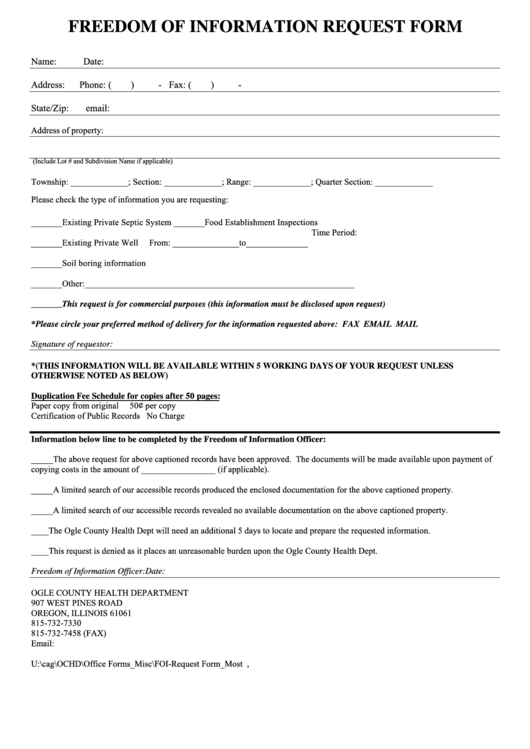 Freedom Of Information Request Form - Ogle County Printable pdf