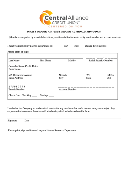 Direct Deposit / Savings Deposit Authorization Form Printable pdf