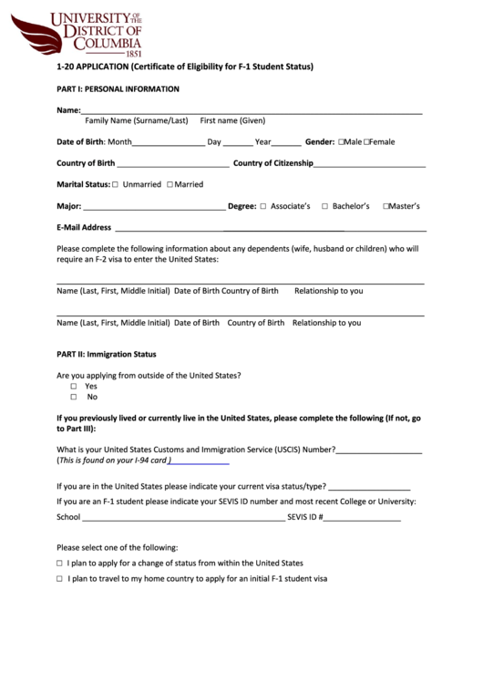 1-20 Application (Certificate Of Eligibility For F-1 Student Status) Printable pdf