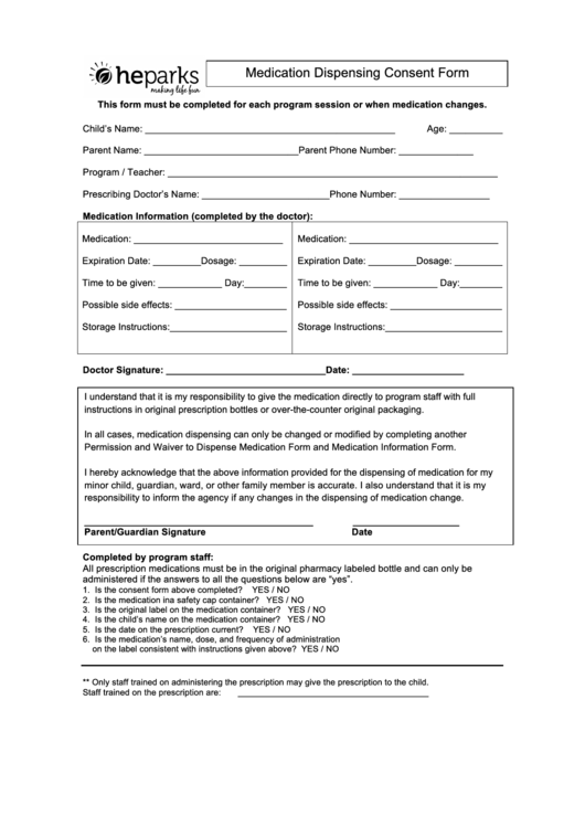 Medication Dispensing Consent Form - Hoffman Estates Park District Printable pdf