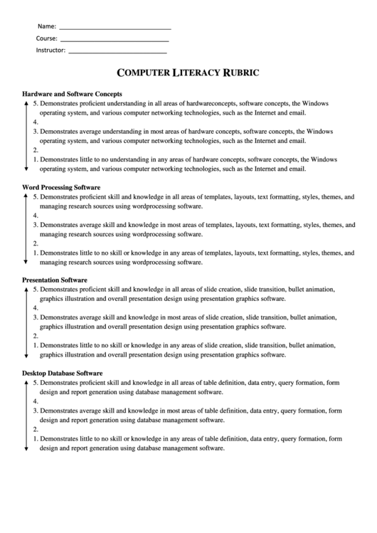 Computer Literacy Rubric Printable pdf