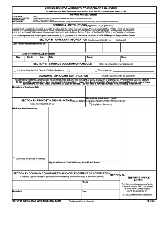 Fb-1380-E Application For Authority To Purchase A Handgun Printable pdf