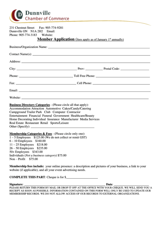 Dcoc Member Application Form - Dunnville Chamber Of Commerce Printable pdf