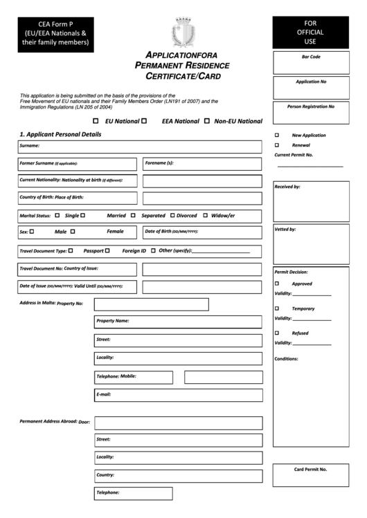 Application For A Permanent Residence Certificate - Identity Malta Printable pdf