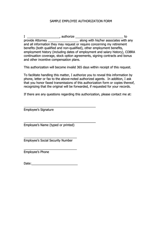 Sample Employee Authorization Form - Divorce Solutions, Llc Printable pdf