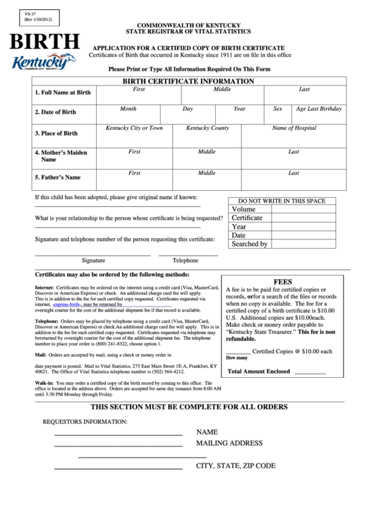 Form Vs-37 - Application For A Certified Copy Of Birth Certificate Printable pdf
