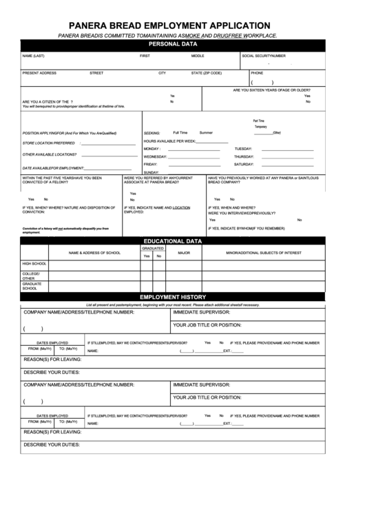 Fillable Panera Bread Job Application Form Printable pdf