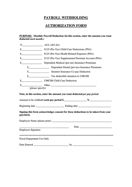 Payroll Withholding Authorization Form Printable pdf