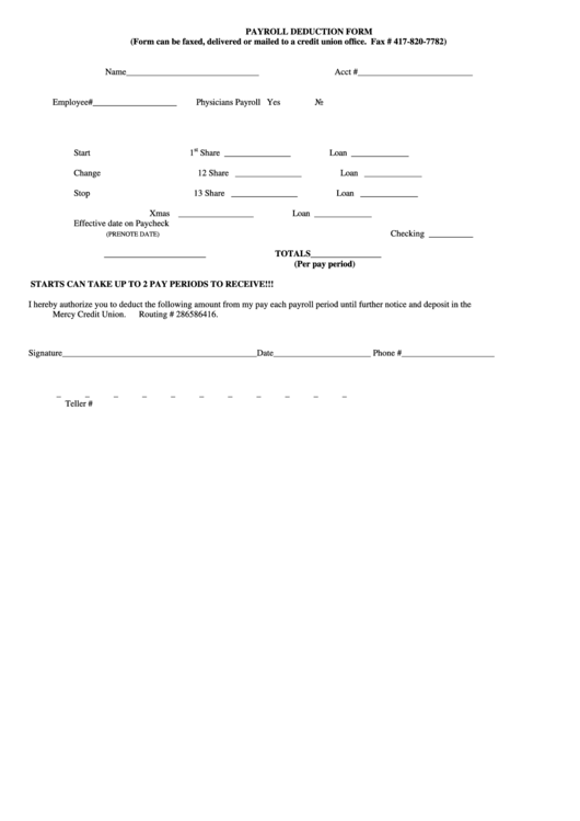 Fillable Payroll Deduction Change Form - Mercy Credit Union Printable pdf