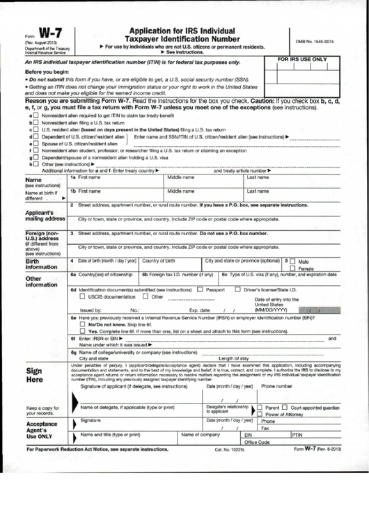 Form W-7 - Application For Irs Individual Taxpayer Identification Number Printable pdf