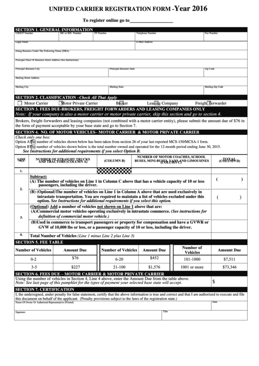 Unified Carrier Registration Form - 2016 Printable pdf
