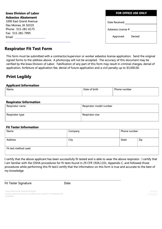 Fillable Respirator Fit Test Form - Iowa Division Of Labor Printable pdf