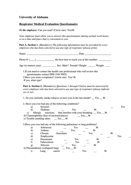 Respirator Medical Evaluation Questionnaire Printable pdf