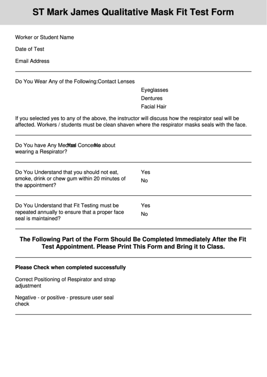 Fillable St Mark James Qualitative Mask Fit Test Form Printable pdf