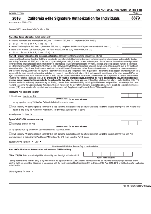 Form 8879 - California E-File Signature Authorization For Individuals - 2016 Printable pdf