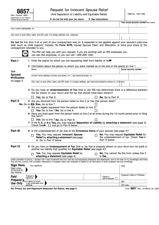 Fillable Form 8857 Request For Innocent Spouse Relief Printable Pdf 