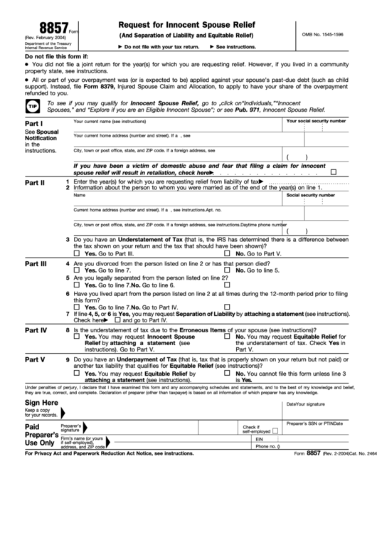 Fillable Form 8857 (Rev. February 2004) -Request For Innocent Spouse Relief Printable pdf