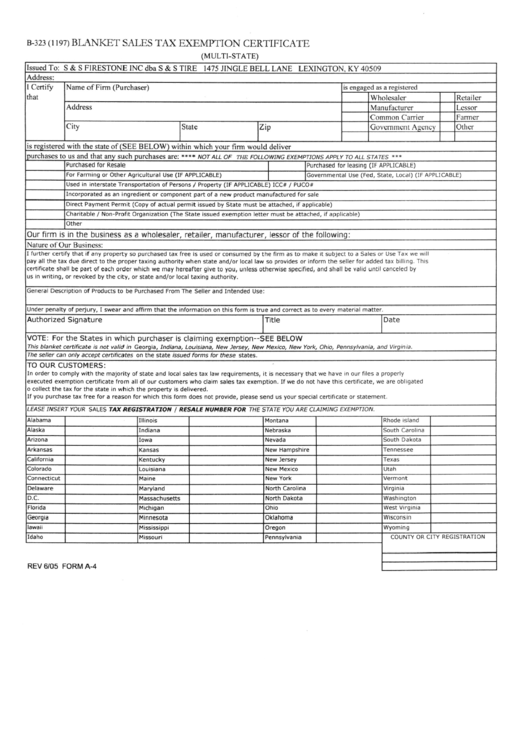 Blanket Sales Tax Exemption Certificate Printable pdf