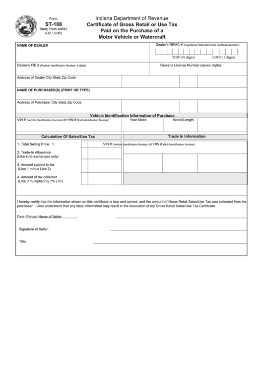 Fillable Certificate Of Gross Retail Or Use Tax Paid (St-108, Indiana Department ) Printable pdf