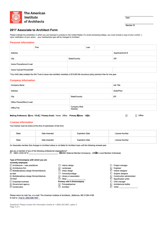 Fillable Associate To Architect Form - 2017 Printable pdf