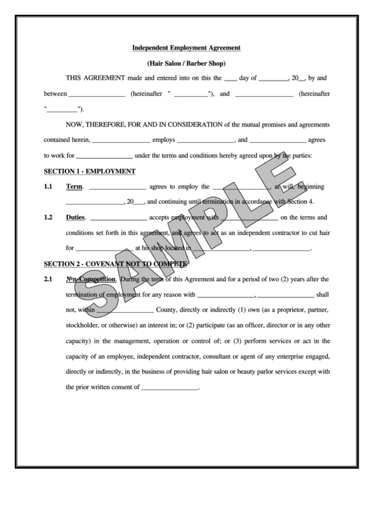 Independent Employment Agreement (Sample) Printable pdf