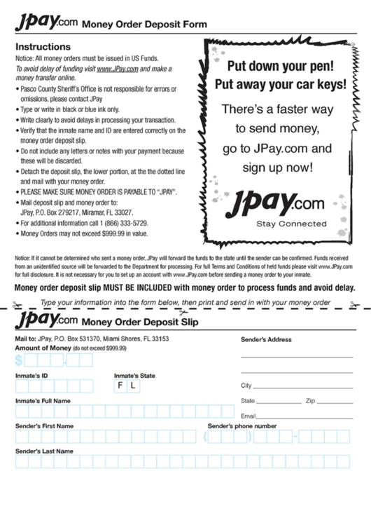 Jpay Money Order Deposit Form - Pasco County Sheriff