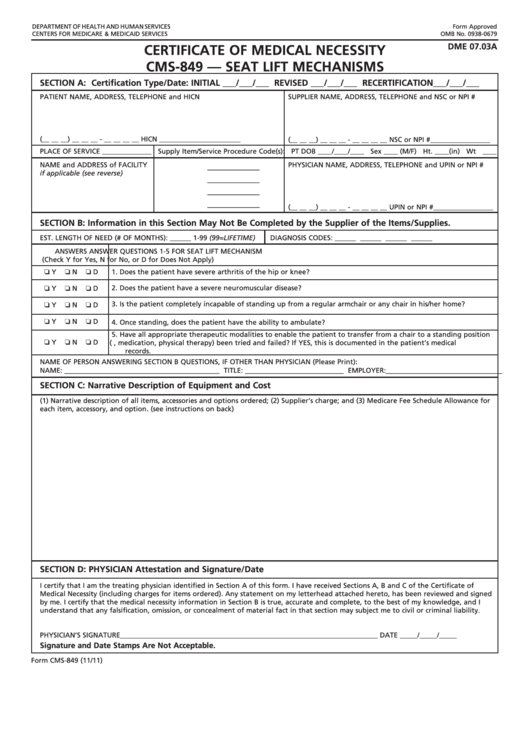 Certificate Of Medical Necessity Cms-849 - Seat Lift Mechanisms Printable pdf