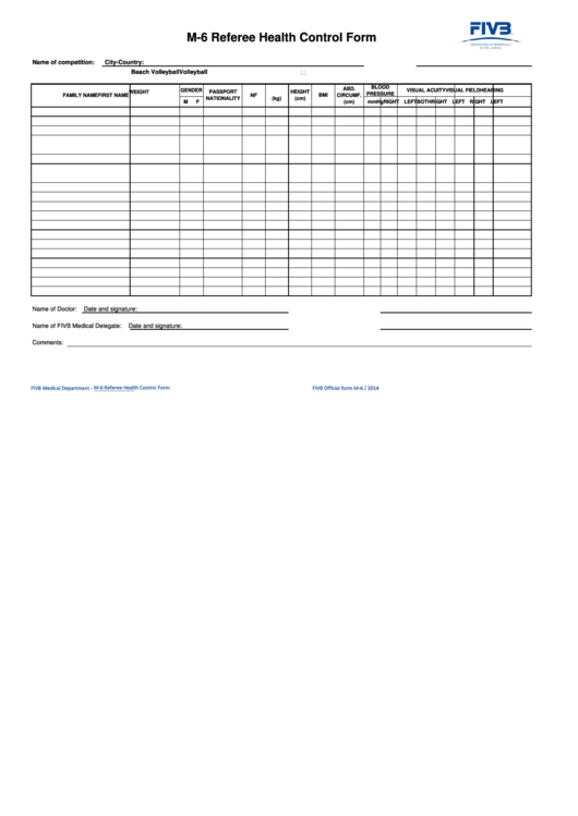 Fillable M-6 Referee Health Control Form Printable pdf