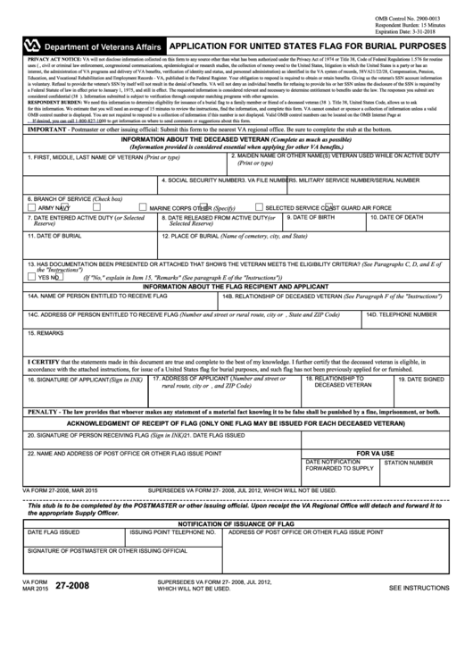 Fillable Va Form 27-2008 - Application For United States Flag For Burial Purposes Printable pdf