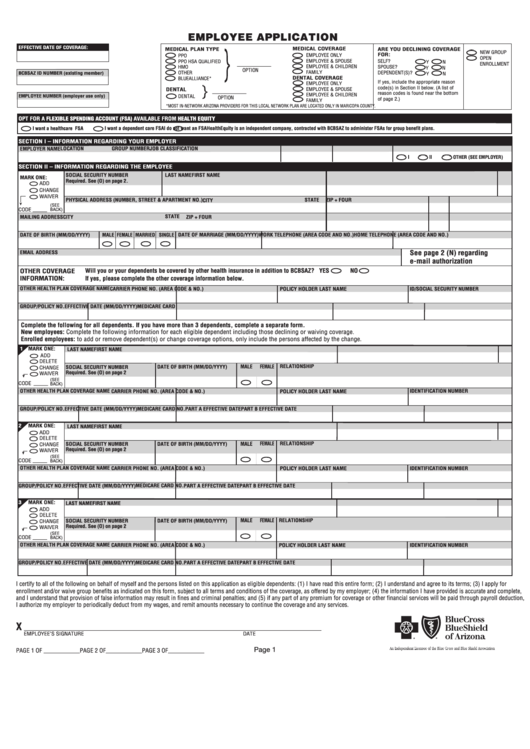 Fillable Employee Application Form - Blue Cross Blue Shield Of Arizona Printable pdf