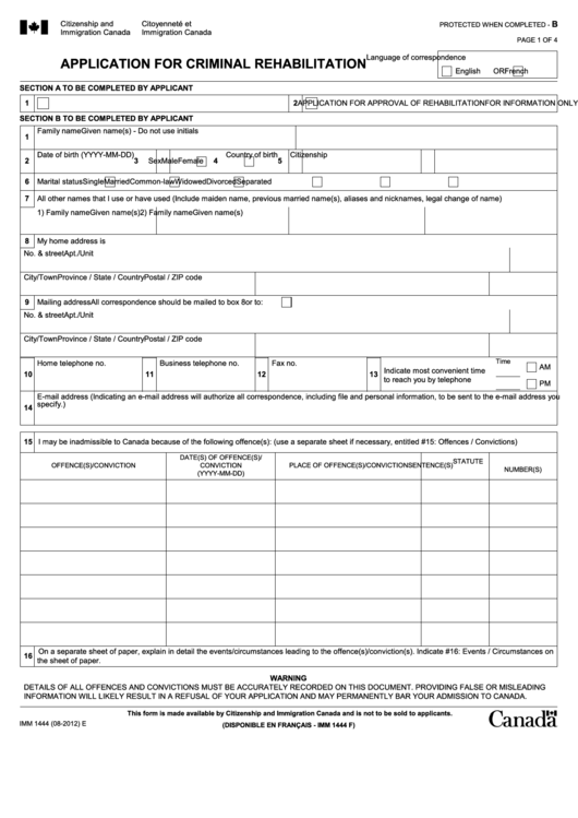 Fillable Application For Criminal Rehabilitation - Citizenship And Immigration Canada Printable pdf
