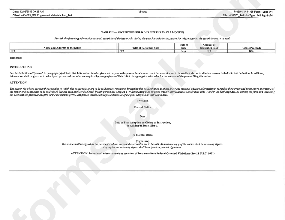 Form 144 - Notice Of Proposed Sale Of Securities Pursuant To Rule 144 Under The Securities Act Of 1933