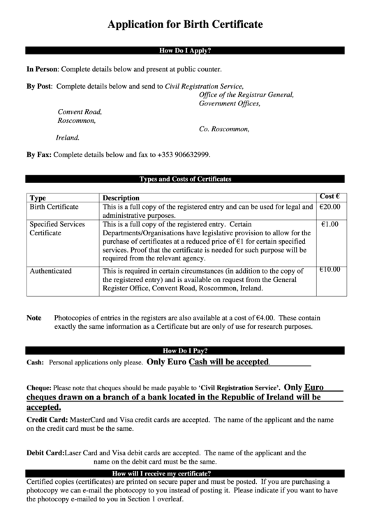 Birth Certificate Application Form - Roscommon, Ireland Printable pdf