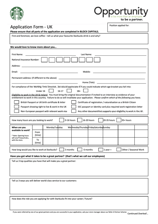 Application Form - Uk - Starbucks Coffee Company Printable pdf